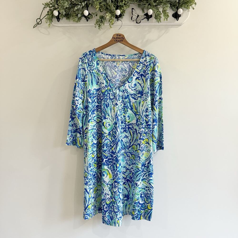 Lilly Pulitzer Erin Dress, Pima Cotton Blue Crush Large Beach Fish Tropical New